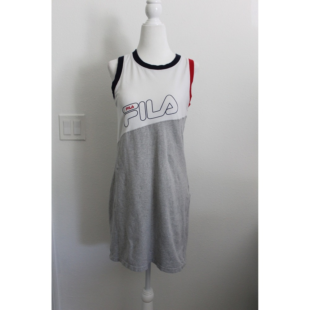 Fila Women's Colorblock Sleeveless T-Shirt Dress White Gray Logo Size Medium